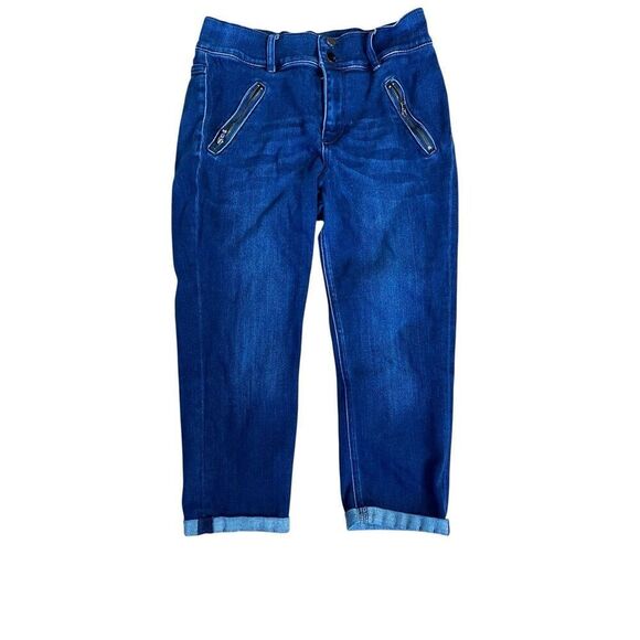 NY&C Women's Size 8 High Waisted Cropped Leggings Button Fly Blue Faux Pockets - Picture 1 of 8